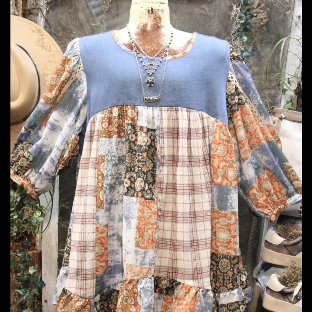 Colorful Patchwork Blouse with Denim Detail - Picture 2 of 6